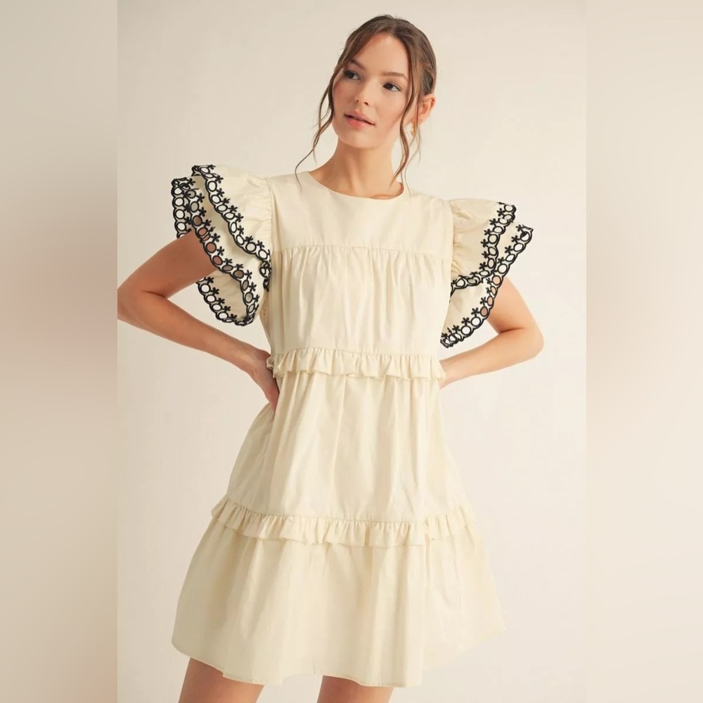 Cream Ruffle Tiered Mini Dress with Black Trim